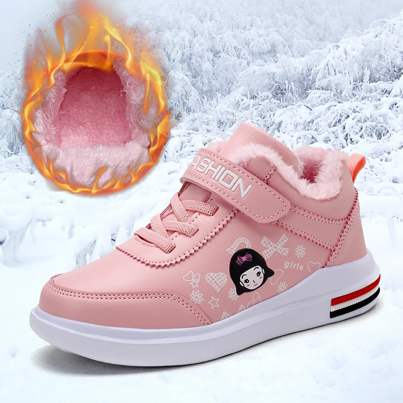 

Детские зимние кожаные кроссовки, хлопок, Нескользящие, плюшевые, плоская подошва, на липучке, легкие, повседневные, розовые