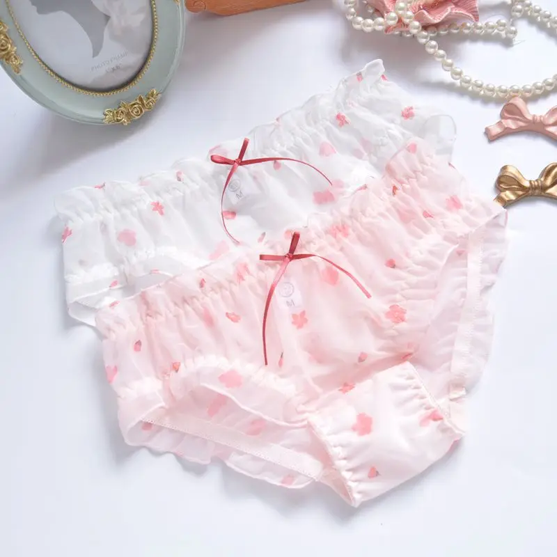 

Transparent Printing Japanese Small Fresh Cotton Panties Mesh Sexy Cute Embroidered Triangle Girl Panties