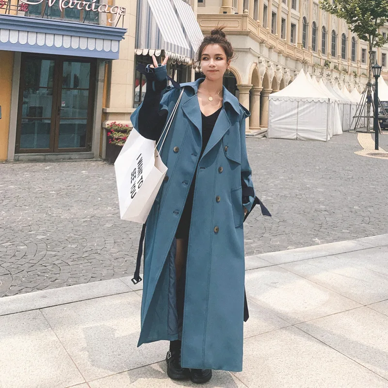 2021 Женская ветровка осень двубортное длинное поясом пальто-тренчи для женщин