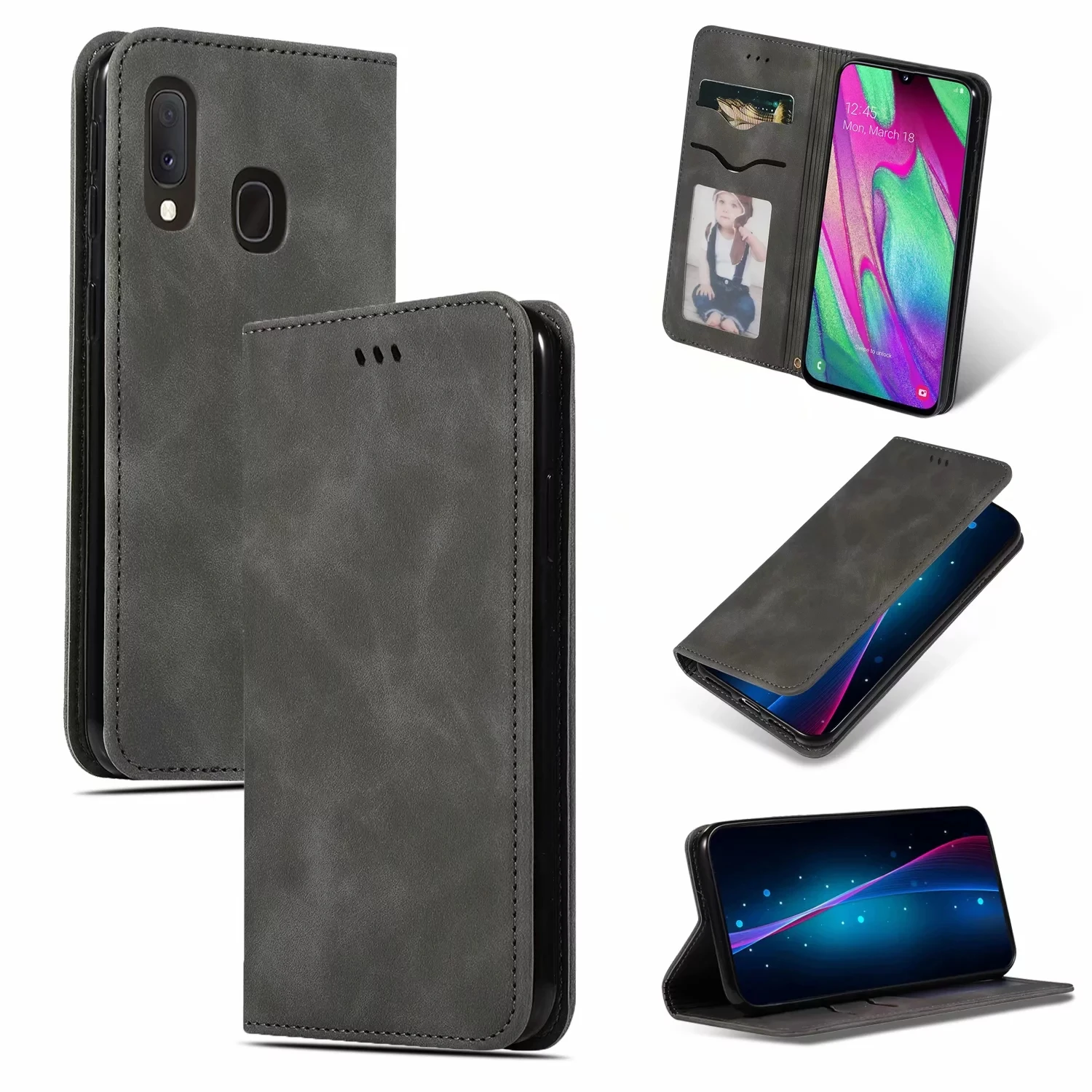 Grey Кожаный чехол-книжка чехол для samsung Galaxy A10 A20 A30 A40 A50 A60 A70 A7 A8 плюс A9 A20E M10 M20 M30 M40 Магнитный чехол-портмоне с отделением для карт чехол - Цвет: Grey