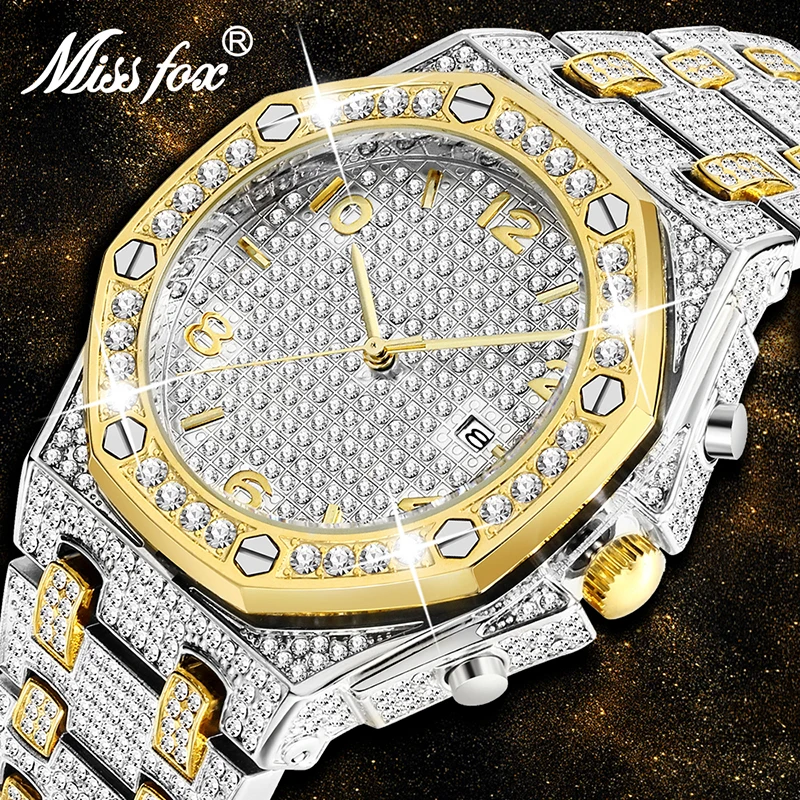 

Gold Men Watches Bling Bling Design 2021 Luxury Classic Diamond Chronograph Watch For Male Dropshipping Wristwatch New