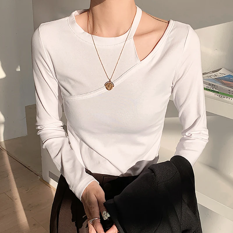 

White T-Shirts Women Spring New Fashion Basic Hollow Out Casual Tops Female Long Sleeve O Neck Slim All-Match T Shirt Tees Femme