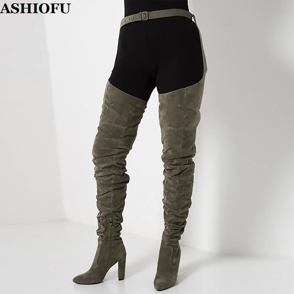 

ASHIOFU Handmade Women Chunky Heel Waist Boots Faux-suede Party Over Knee Boots Sexy Club Evening Fashion Thigh High Boots Shoes