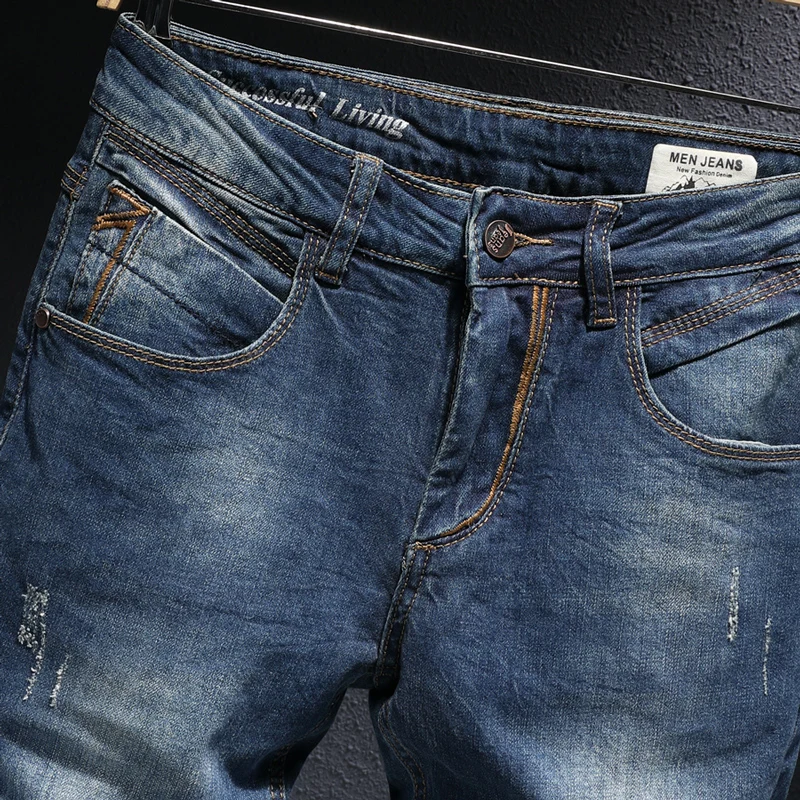 European Vintage Fashion Men Jeans Retro Dark Blue Elastic Slim Fit Ripped Jeans Men Korean Style Street Designer Denim Pants