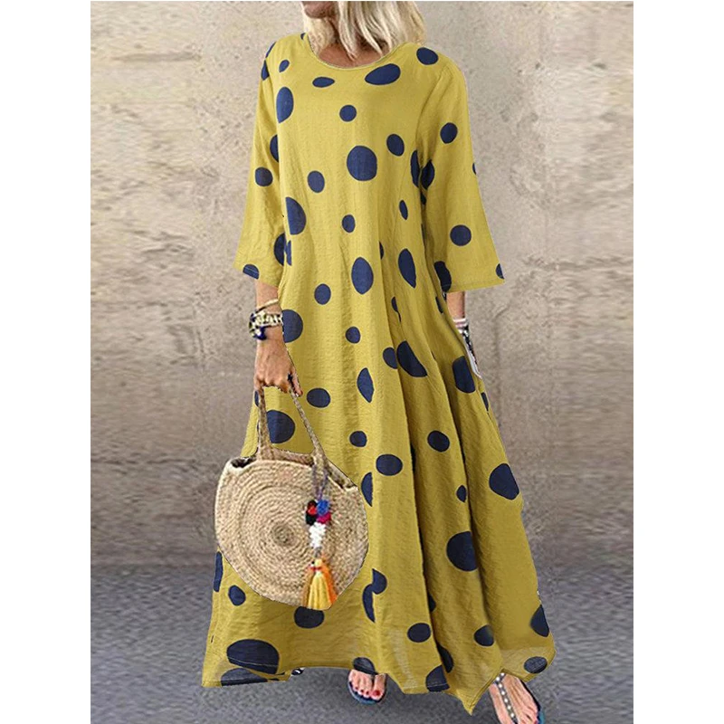Осенне-зимние женские платья boho, хлопковое льняное платье большого размера, длинное платье макси с принтом в горошек размера плюс, Casaul Vestido