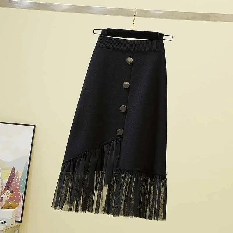 

Jupe Femme 2021 Casual Black Skirt Lace Splice Button Elastic Waist Fashion Faldas A-Line Pack Hip Mid-Calf Autumn Winter Woman