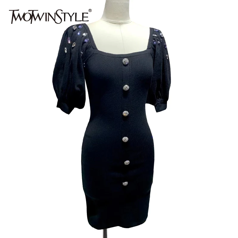 

TWOTWINSTYLE Vintage Black Knitted Bodycon Dress Female Square Collar Puff Short Sleeve High-waisted Mini Dresses For Women 2021