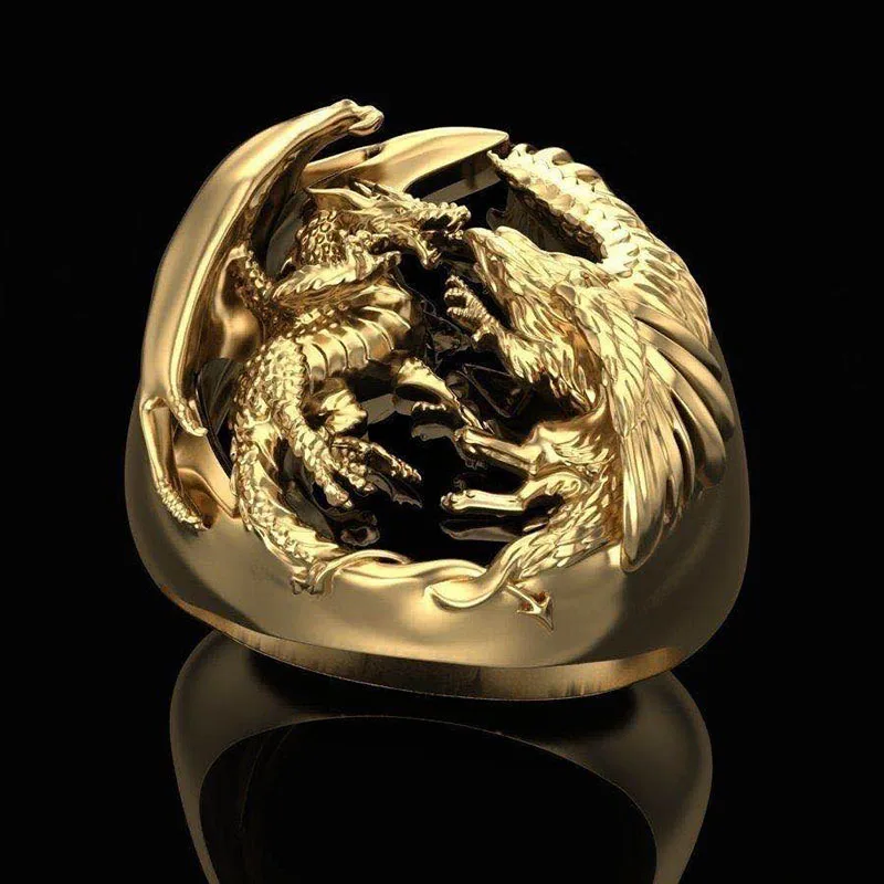 Unique Domineering Gold Dragon Phoenix Ring Mythology Warrior Cocktail Rings for Men Women Jewelry Anniversary Birthday Gift