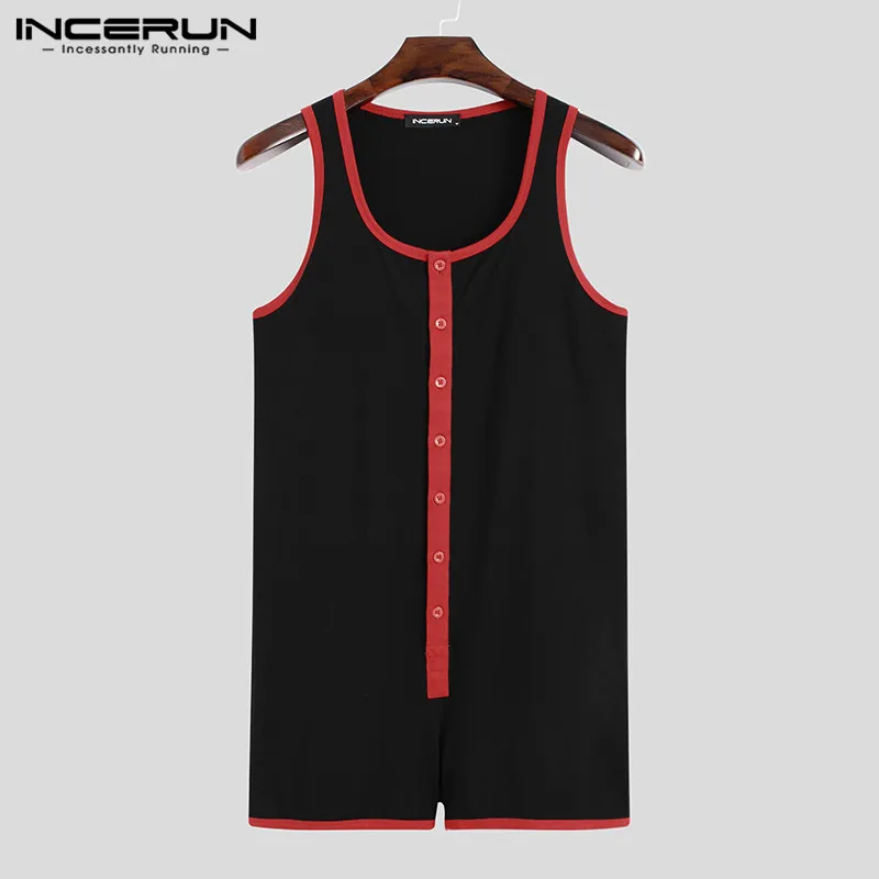 Fashion Patchwork Onesies Buttons Jumpsuits Sleepwear INCERUN Men Sleeveless Romper Pajamas Summer Man Fitness Homewear S-5XL 7