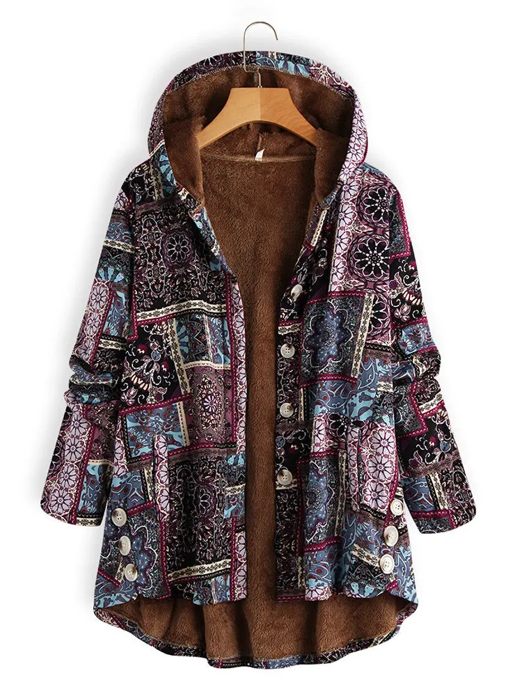 

Women Vintage Loose Hooded Coat Female Floral Printed Fleece Lining Fall Jackets Casual Long Outwear Plus Size Clothes for women