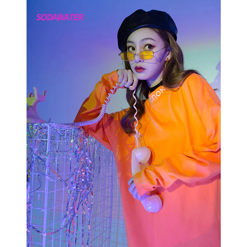 Sodaводяная футболка с длинным рукавом для девочек Женская Harajuku Хип-хоп сплошная Футболка женская воротник-стойка с вышивкой хлопковые Осенние Топы 8702W