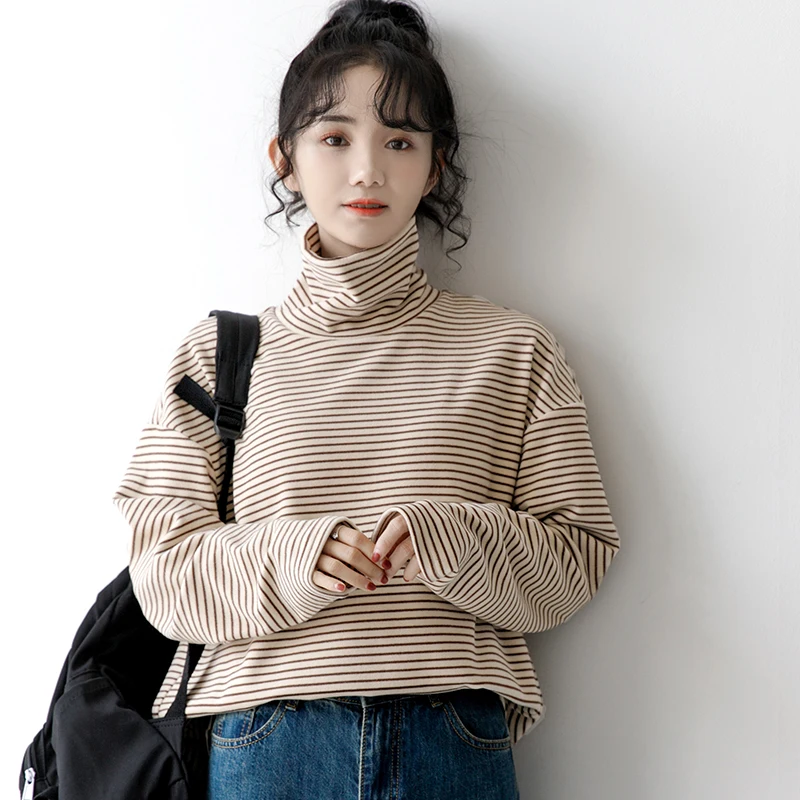 

Новинка зимы 2020, рубашка Dralon с воротником-хомутом в полоску, Женская утолщенная теплая и удобная универсальная длинная внутренняя одежда