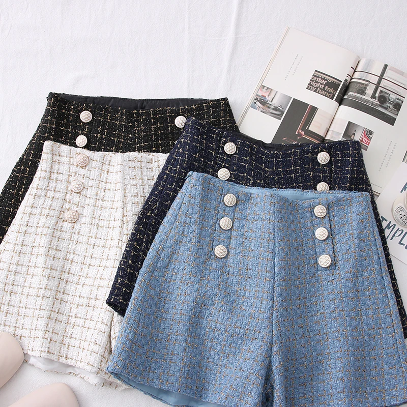 

New High Waist Tweed Shorts Women Casual Loose Ladies Fashion Spring Autumn Slim Button Shorts All-match