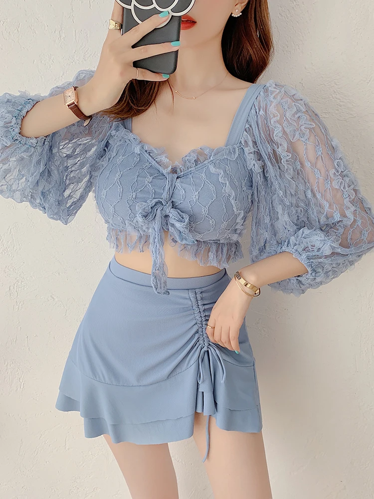 

Купальник, закрывающий живот, тонкий раздельный, в стиле феи, из трех предметов, сексуальный, с пуш-ап, для студентов, для весны