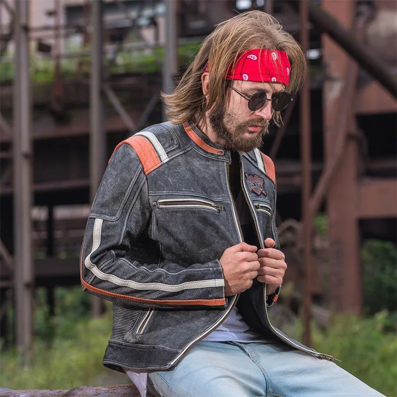 

cow mans genuine vintage stand collar embroidery motorcycle rider cowhide leather jacket