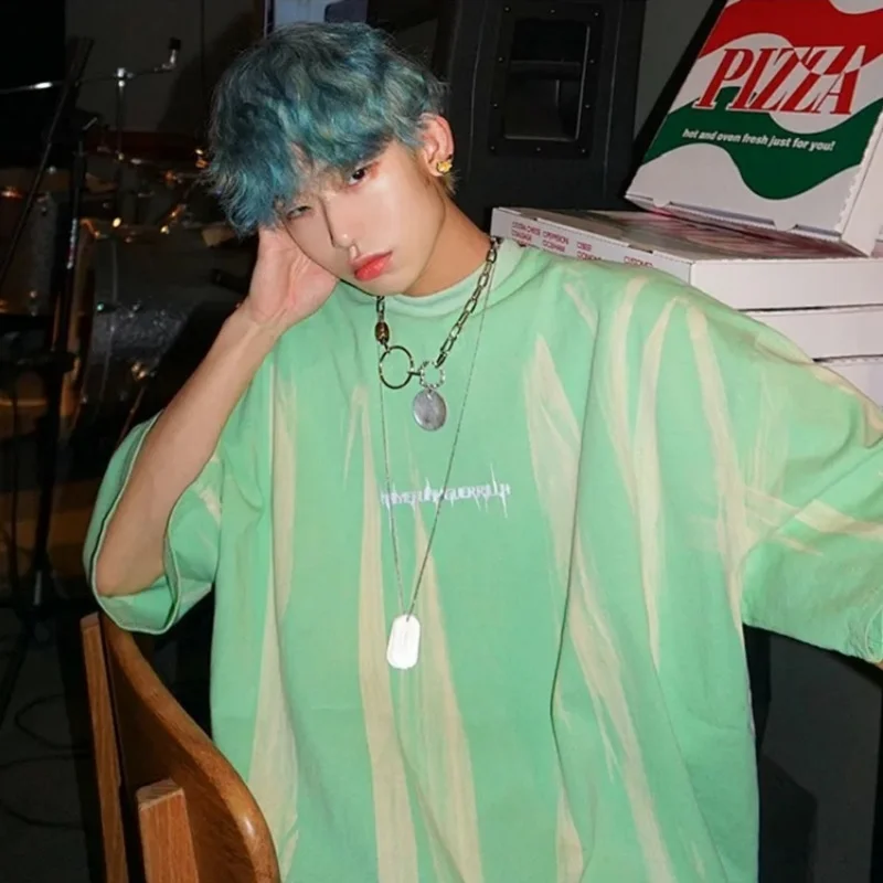 

Футболка мужская с коротким рукавом, летняя Свободная рубашка в Корейском стиле с принтом тай-дай, с рукавом до локтя, с пятью углами, для сту...