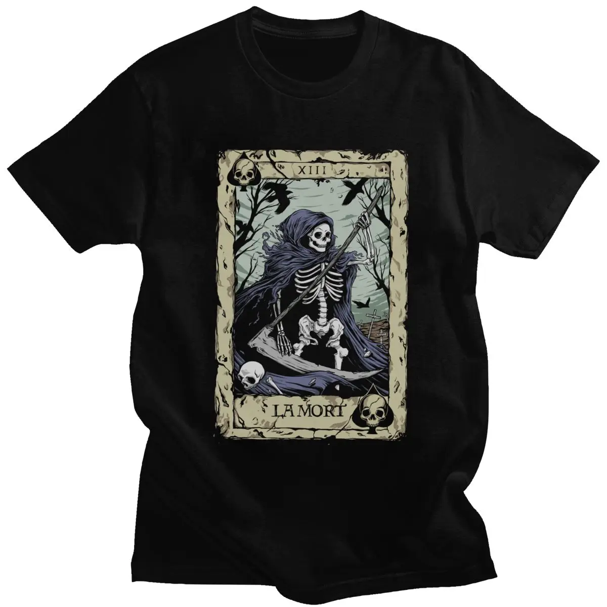 

Streetwear Death Tarot T-Shirt Men Short Sleeve Major Arcana Halloween Spooky Skeleton Creepy Tee Shirt Cotton Harajuku Tshirt