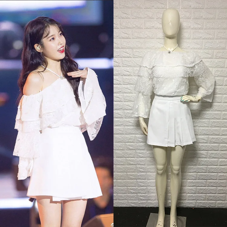Kpop IU Lee Ji Eun белый кружевной топ с открытыми плечами и мини юбка Женский Летний