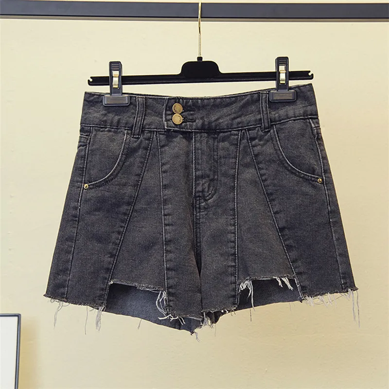 

houthion New Denim Shorts Casual Fashion High Waist Loose Plus Size Women's Clothing Summer Solid Pocket Hole Buttons