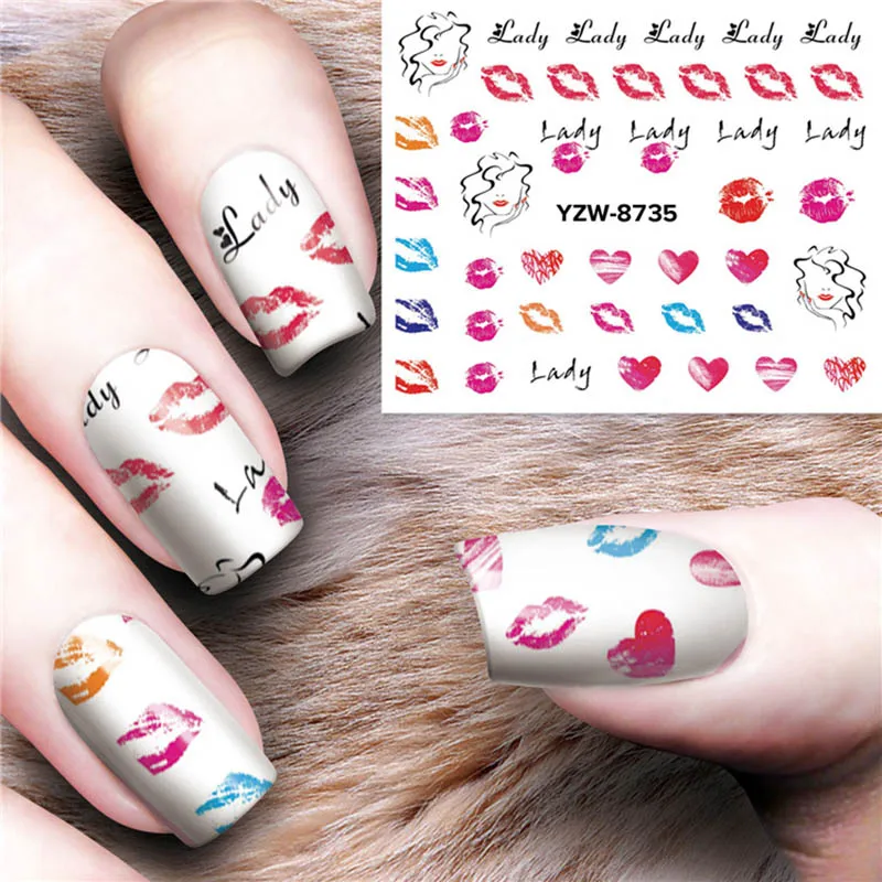 

1PC nail art sticker water transfer nail foils Feather graffiti lip print kiss ultra thin water transfer nail decals FW008