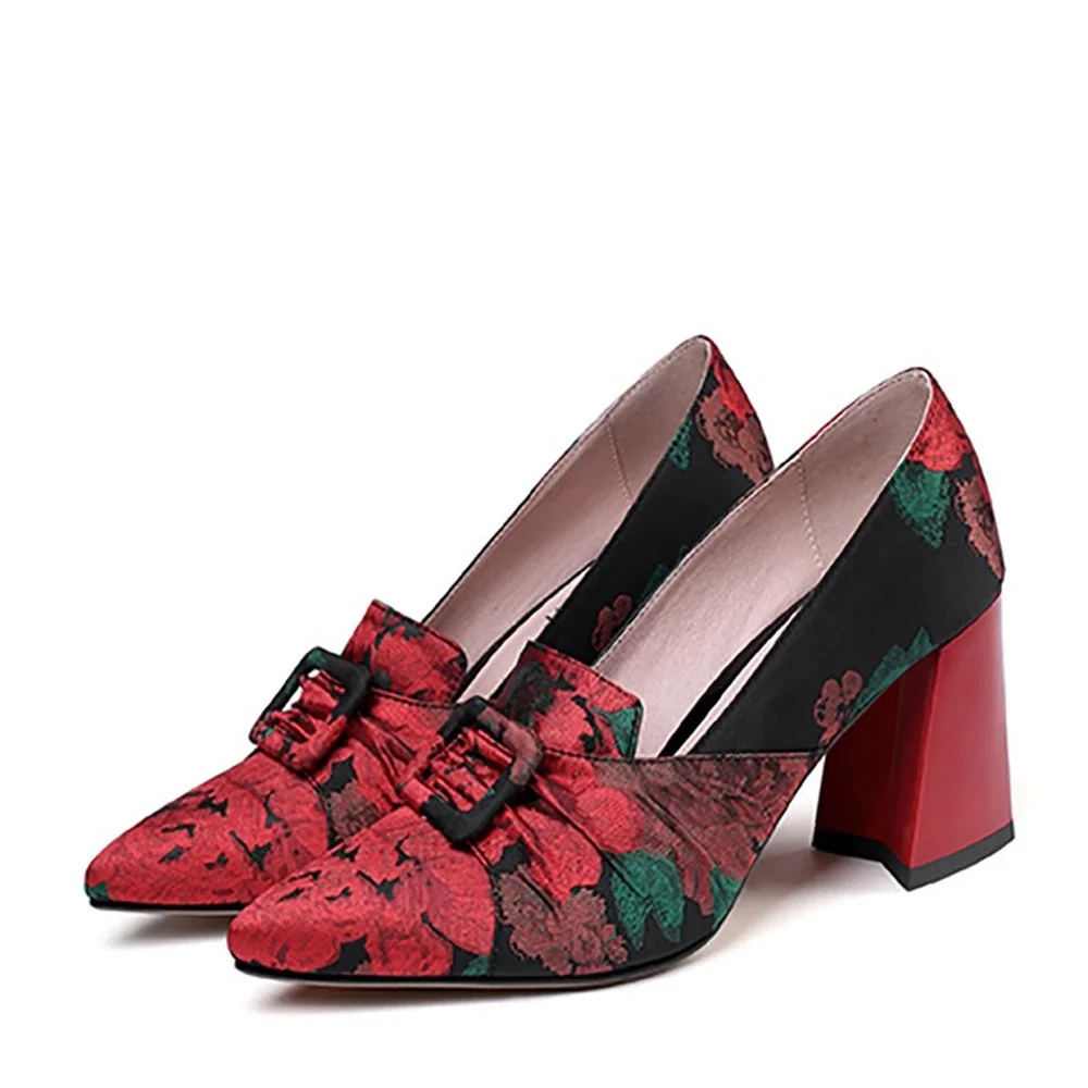 

Womens Pointed Toe Printed Floral Qipao Block High Heel Mules Slippers Shoes Slingbacks Real Leather Plus Size New 20222022