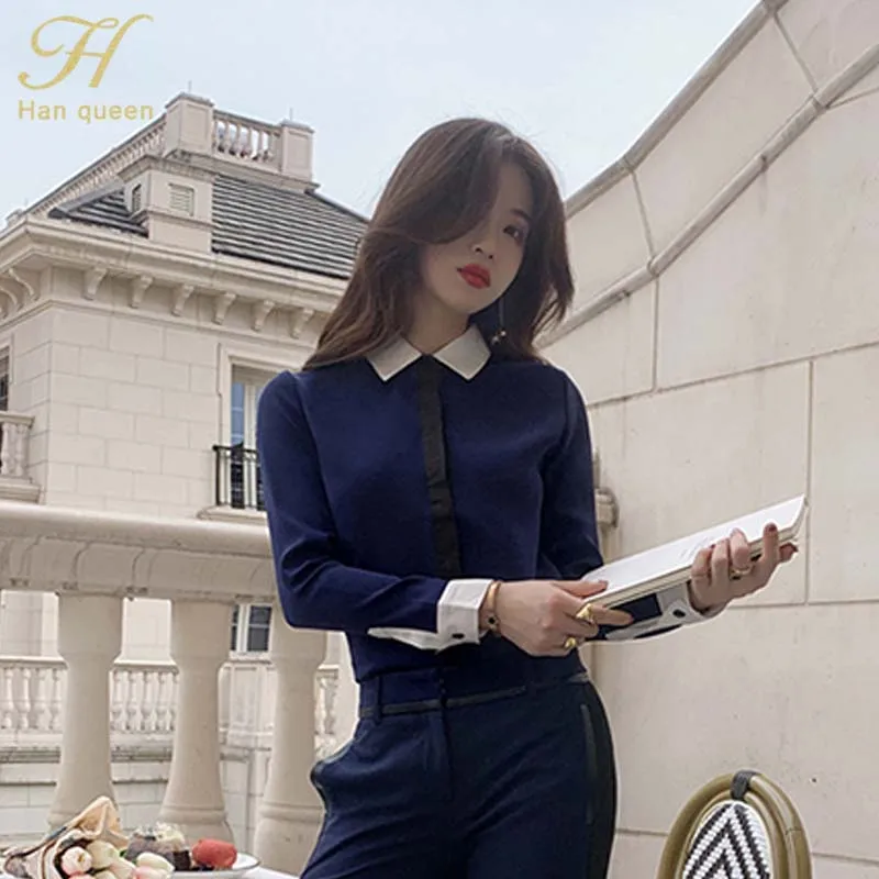 Deep Blue H Han queen женские осенние контрастные цвета OL деловые рубашки элегантные широкие подходящие блузки однобортные офисные рубашки - Цвет: Deep Blue