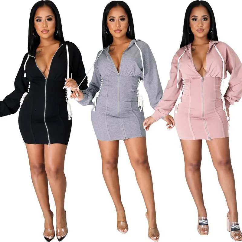 

WJFZQM Sexy Women Mini Dress Fall Winter Fashion Casual Hooded High Waist Long Sleeve Bandage Black Gray Pink Sweatshirt Dresses