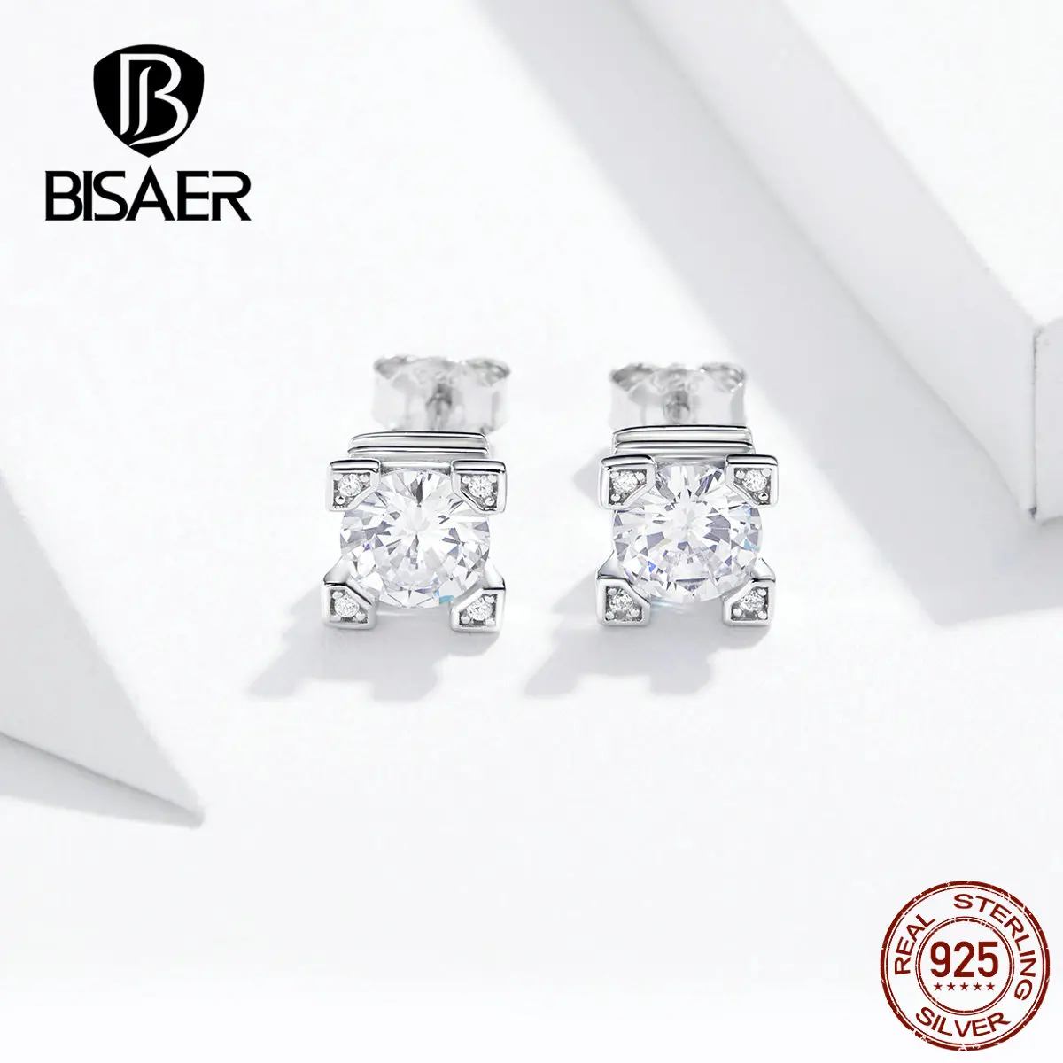 BISAER Новое поступление 925 пробы Серебряные Элегантные квадратные циркониевые серьги-гвоздики для женщин Свадебные серьги GAE192