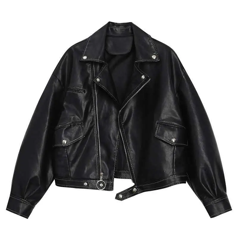 

LY VAREY LIN Autumn Women Turndown Collar Moto Biker Rivet Zipper Street Coat Faux Soft Leather Pu Jacket