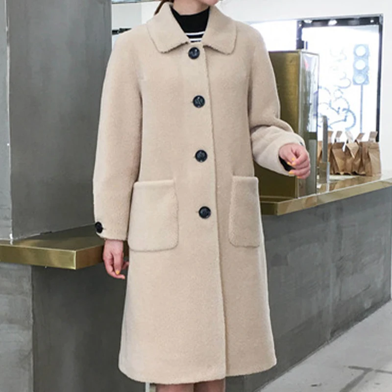 Winter Women's Sheep Shearing Coat Mid-Length Lapel Single-Breasted Granular Velvet Fur Warm Wool Coat Temperament Casual Style