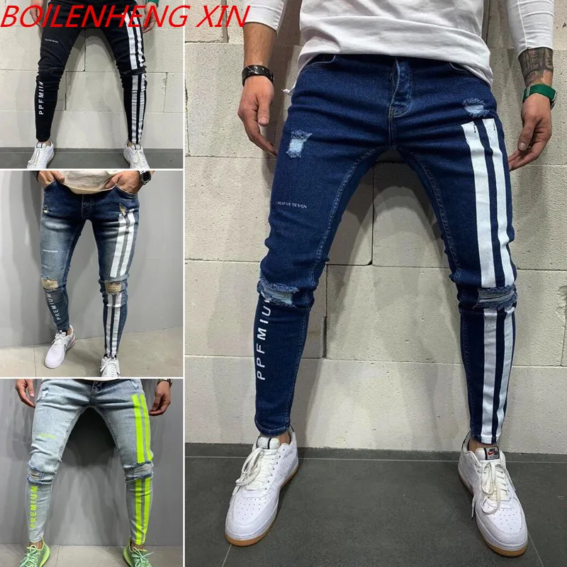 

Men's Side Stripe Sweatpants Sexy Hole Jeans Pants Casual Summer Autumn Male Ripped Skinny Trousers Slim Biker Pencil Pants