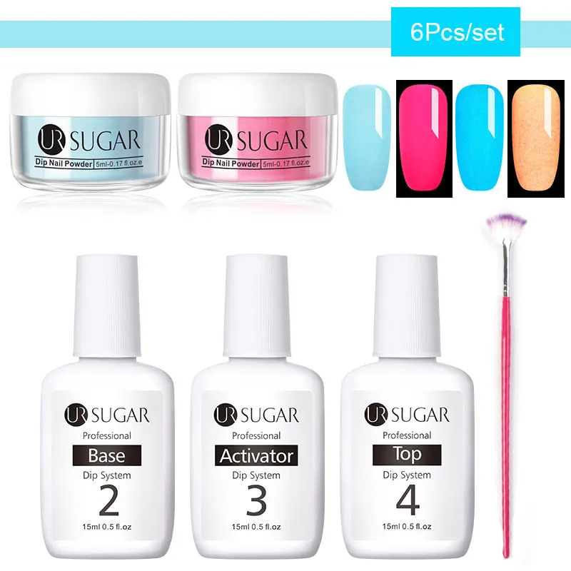 6Pcs set 6 Ur Sugar 6 шт./компл. световой Dip порошок для ногтей базовый топ акриловая жидкая пудра погружения комплект резьба нейл-арта украшения для маникюра - Цвет: 6Pcs set 6
