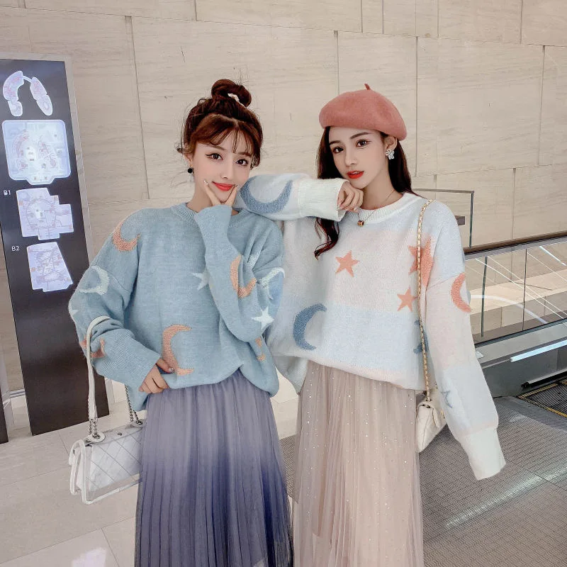 

Sweater Women Harajuku Japanese Autumn 2021 New Long Sleeve Embroidery Pattern Stars And Moon Retro Pullovers Loose Tops Fashion