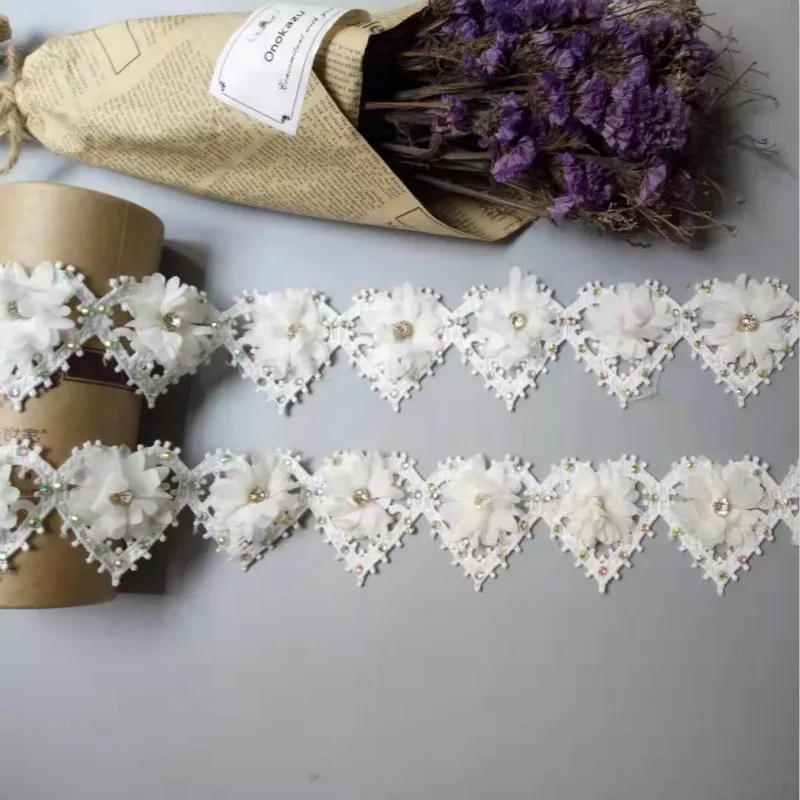 1 ярд сердце белый шифон цветок алмазные Стразы кружевная отделка вышитые белые