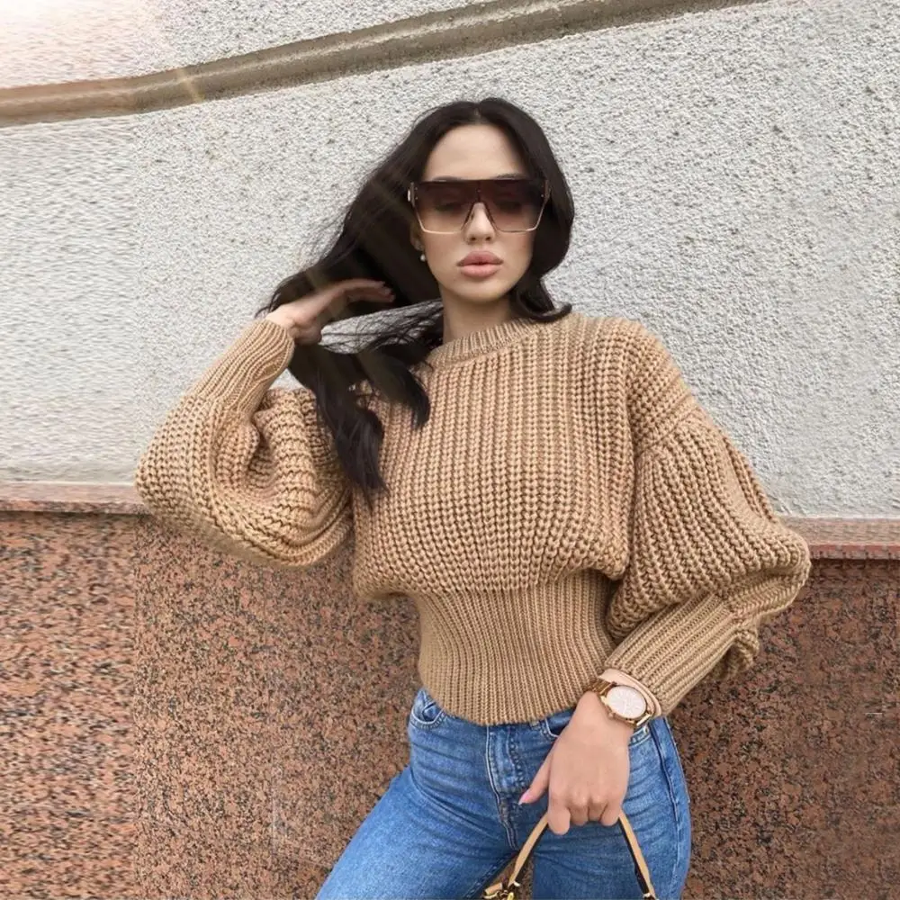 

Zoulv 2020 Fashion Women Autumn Winter Sweaters O-Neck Collar Long Lantern Sleeve Solid Color Casual Loose Pullovers Knitted Top