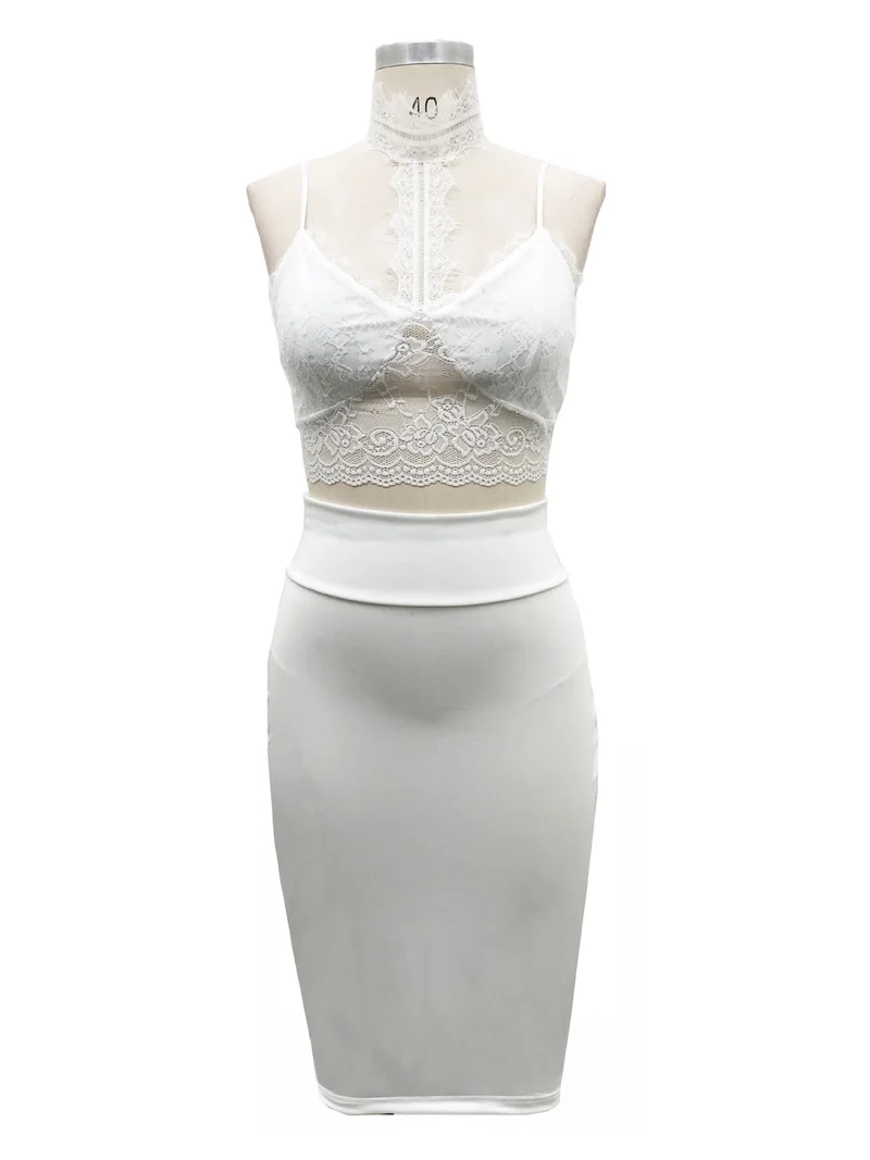 

Hot Sale Ladies Bodycon Two-piece Deep V Lace Pure Color Short Sling Top + Skirt Set Lace Prom Party Dress Set White Clubhouse