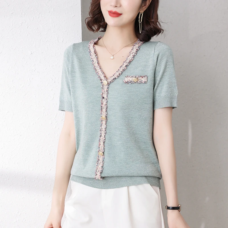 Свитер Женский вязаный с V-образным вырезом и коротким рукавом | Женская одежда