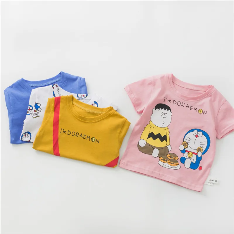 KIKIKIDS/Летняя футболка с героями мультфильмов для малышей Топы с короткими рукавами для маленьких мальчиков и девочек, Doraemon, Детская летняя одежда в Корейском стиле футболки с героями мультфильмов