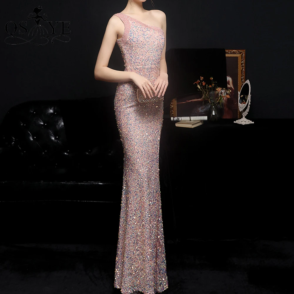 

Beading One Shoulder Gold Evening Dresses 2021 Sequin Fit Evening Gown Shiny High Split Party Dress Shoulder Strap Formal Gown