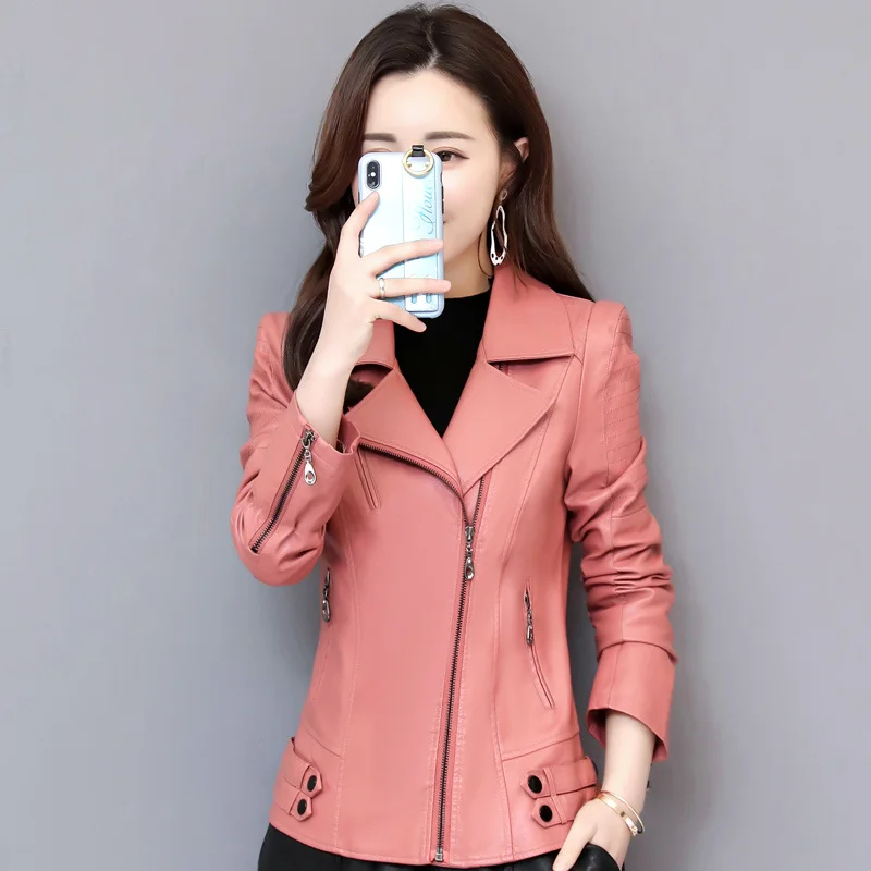 

Women Spring 2020 New Faux Fashion Slim Turn-Down Collar Zippers Short Ladies PU Leather Jacket Plus Size 4XL