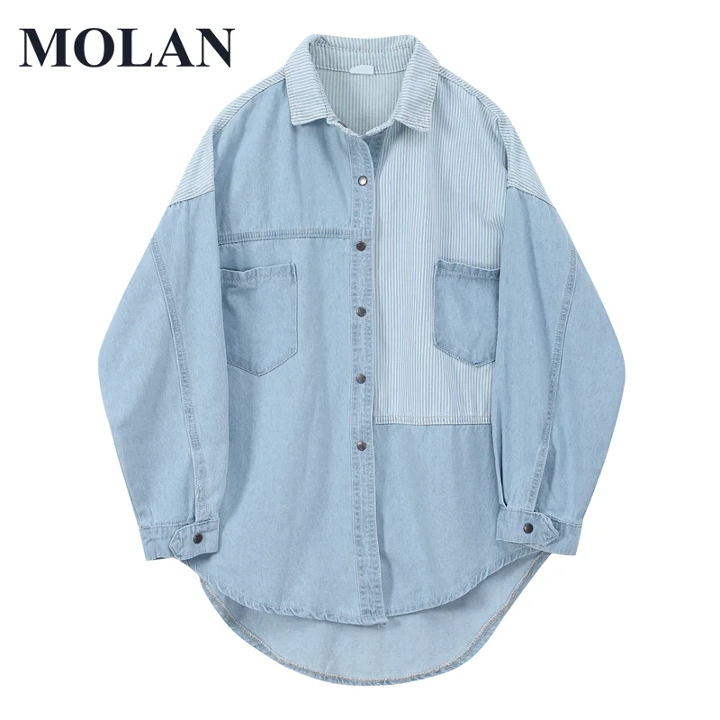 

MOLAN Casual Denim Shirt Woman Lapel Neck Patchwork Long Sleeve Singal Breasted Casual Denim Coat Harajuku Loose Female Outwear