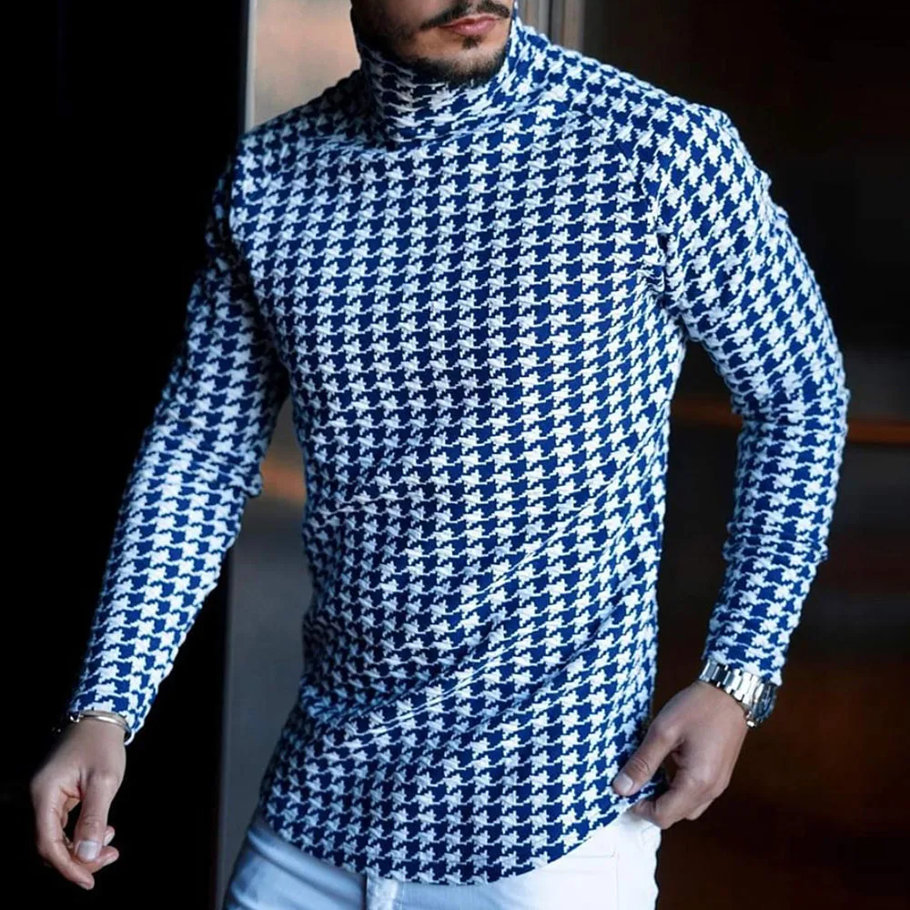 

Men Houndstooth Print Slim T-shirt Casual Turtleneck Tee Autumn Spring 2021 Long Sleeve T Shirts Basic Pullover Simple Tops Male