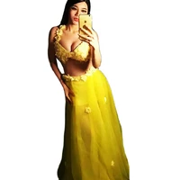 inlaid yellow flower women bra voile perspective long skirt fashion two pieces sets dj singer stage wear evening prom outfits