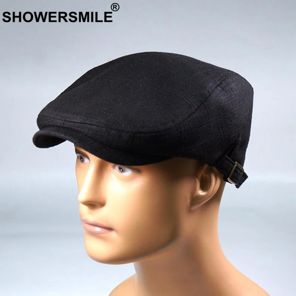 SHOWERSMILE Black Beret Linen Mens Flat Cap Spring Autumn Duckbill Hat Men Vintage Khaki Adjustable British Male Ivy Cabbie Cap