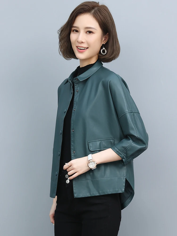 

Spring and Autumn New lapel Collar Women Loose Sheepskin Motorcycle Leather Jacket Trend Female Fashion Casual Coat S-2XL