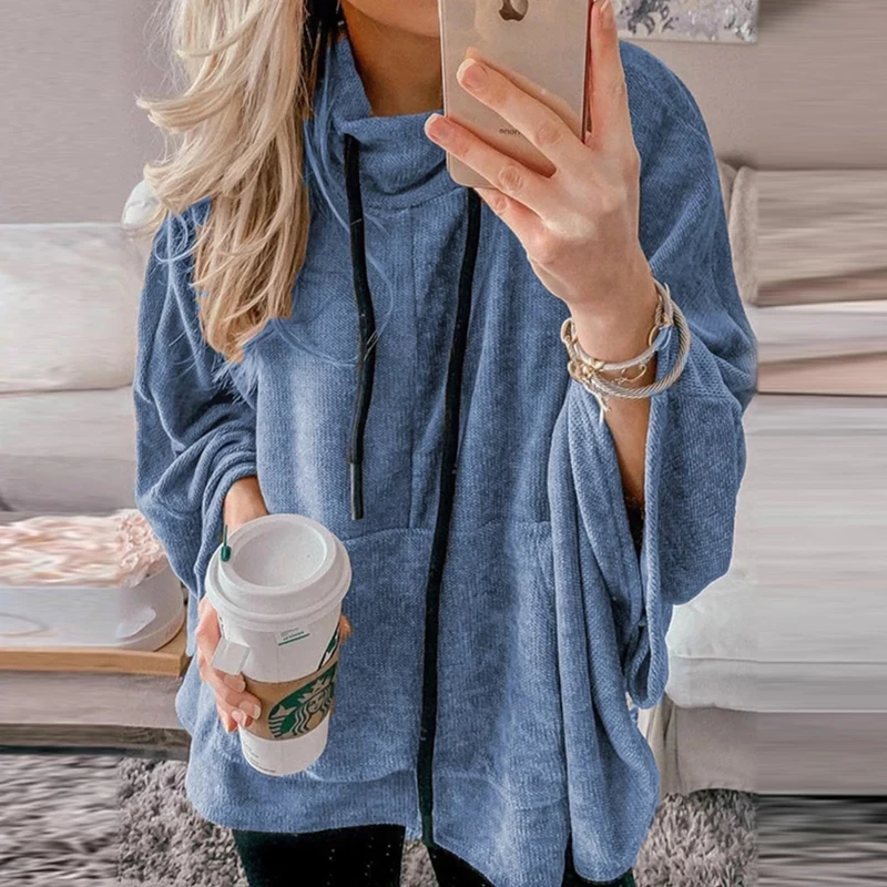 Blue ELSVIOS 5XL, Женская толстовка с длинным рукавом «летучая мышь», Осень-зима, водолазка, теплые толстовки, повседневные, одноцветные, с карманами, на завязках, топ, джемпер - Цвет: Blue