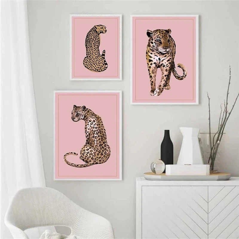 

Nordic Pink Theme Cute Leopard Wall Art Canvas Painting Nordic Posters and Prints Wall Pictures for Living Bedroom Decoration