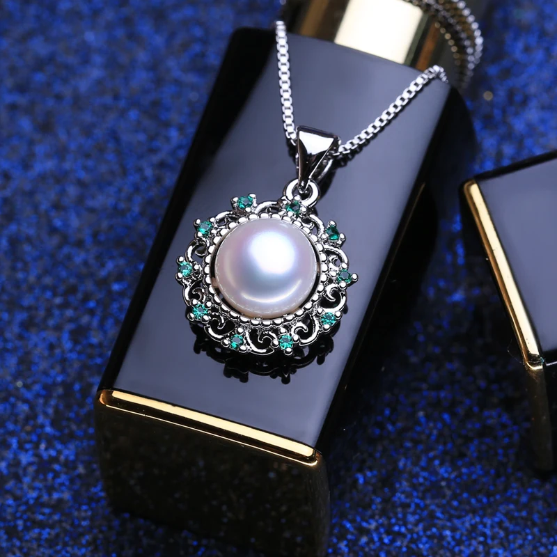 

FENASY 925 Sterling Silver Jewelry Sets Green Crystal Natural Pearl Stud Earrings Pendant Necklaces Adjustable Rings For Women