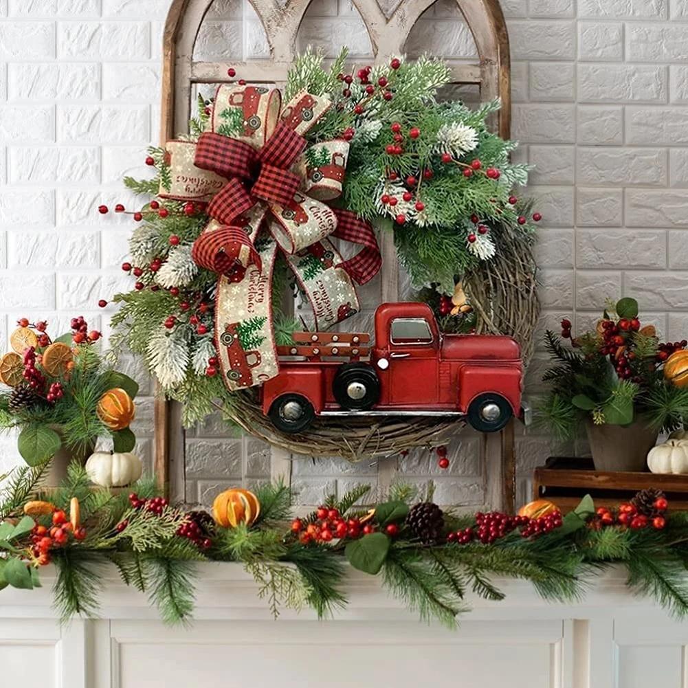 

12 Inch Christmas Wreath For Red Truck Artificial Wreath Fall Front Door For Farmhouse Cherries With Ribbon Hanging Party Wreath
