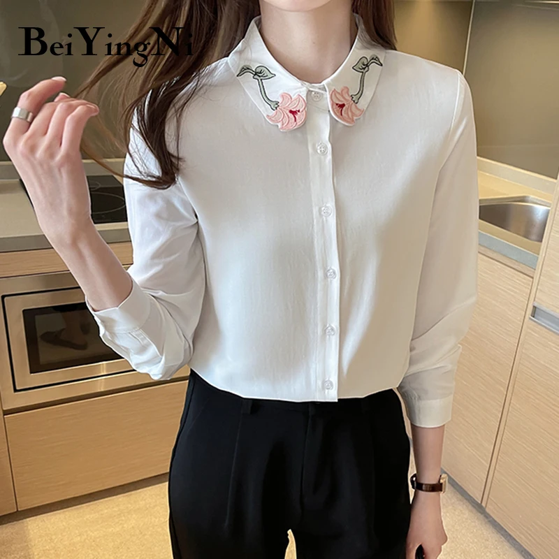 

Beiyingni Embroidery Elegant Women Shirts Buttons Fashion Office Ladies Harajuku Femme Tops Casual Long Sleeve Slim Blouses Lady